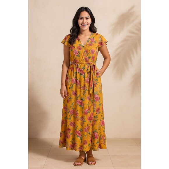 Band of Gypsies Dress Size Large Mustard Yellow Floral Wrap Maxi Ruffle Boho - Picture 1 of 10